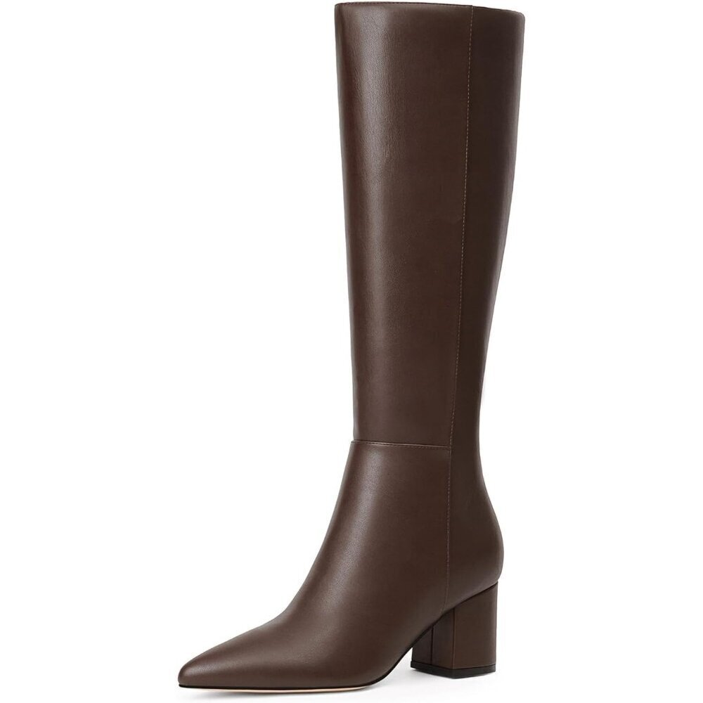Women's Brown Chunky Heel Knee High Pointed Toe Side Zipper Long Boots